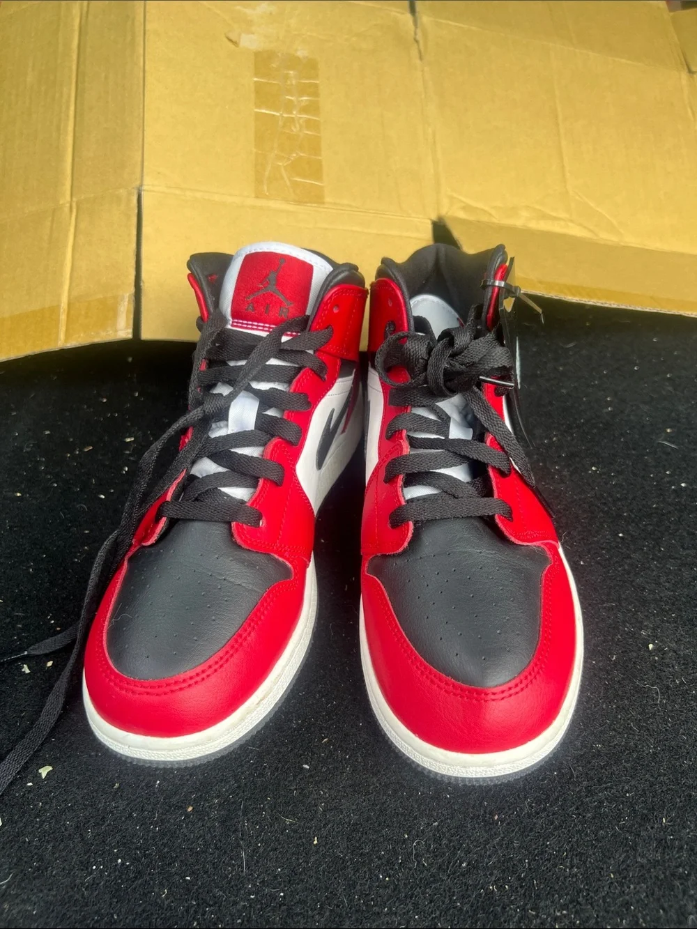 Nike Kids Red Black White Mid-Top Sneakers with Black Swoosh